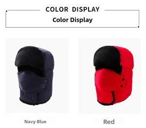 Detail view of winter trapper hats in navy blue and red with thick faux fur lining