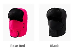 Detail view of winter trapper hats in rose red and black with detachable face masks