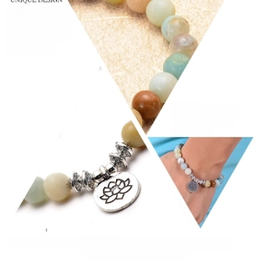Detail of 8mm amazonite beads with alloy lotus pendant and model wearing the bracelet
