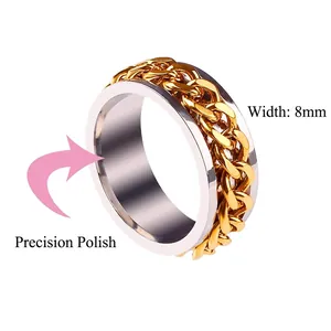 8mm silver spinner ring with a rotating gold Cuban chain insert in polished stainless steel