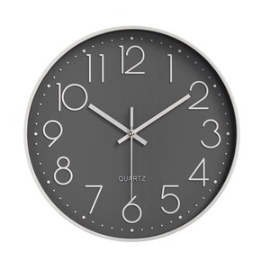 Modern 12-inch silent wall clock with dark grey dial and white 3D Arabic numerals