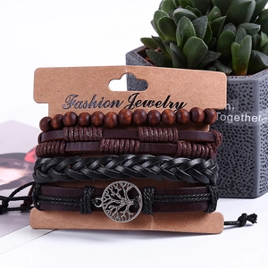 Retro multi-layer men's leather bracelet set with wooden beads and tree of life charm