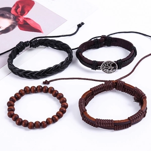 Four-piece men's vintage leather bracelet set featuring Tree of Life charm and wooden beads