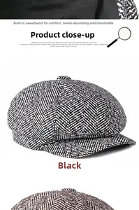 Detail of herringbone newsboy cap featuring breathable inner sweatband for comfort
