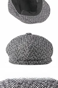 Detailed view of the black and white herringbone newsboy cap fabric and inner lining