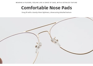 Macro detail of golden metal aviator frame showing double bridge and silicone nose pads