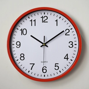 Classic 14-inch round red wall clock with white dial and clear black numerals