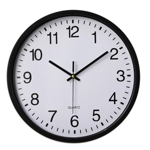 14-inch minimalist round wall clock with black plastic frame and white quartz dial