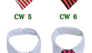 Detail view of striped pet ties in red-white and pink-black patterns with collar style
