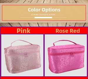 Dual rectangular cosmetic bags in pink and magenta with SOIGNE letter embossing