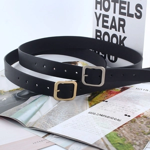 Detail of slim black belts with square gold and silver buckles on minimalist books