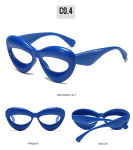 Three-way view of bold royal blue cat-eye glasses frame with oversized chunky temples