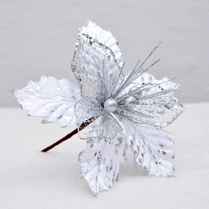 Silver 22cm mesh Christmas flower with glitter coating for festive tree decorations
