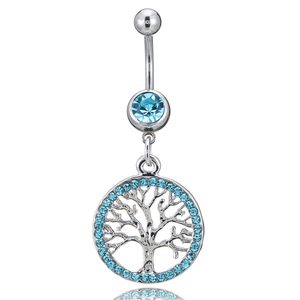 Silver tree of life belly button ring with sparkling blue rhinestones and reflections