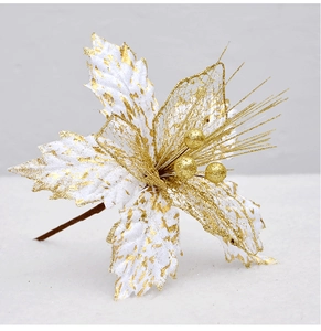 Detail of 22cm gold and white mesh Christmas flower with sequins for tree decoration