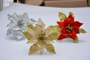 Glitter poinsettia artificial flowers in red, gold, and silver for Christmas tree decoration