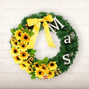 Artificial Sunflower Christmas Wreath PVC Green Pine Base Yellow Polka Dot Bow Mas Letters Front Door Festive Decoration