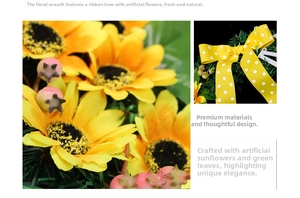 Detailed close-up of decorative sunflower wreath with berries and polka dot ribbon bow