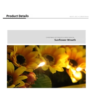 Macro detail of artificial sunflower wreath with red berries and warm LED string lights
