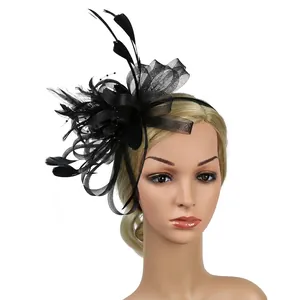Detail view of black feather mesh fascinator with delicate bead accents on headband