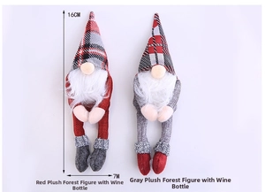 Macro view of 16cm tall knit gnome wine bottle covers in red and grey holiday patterns