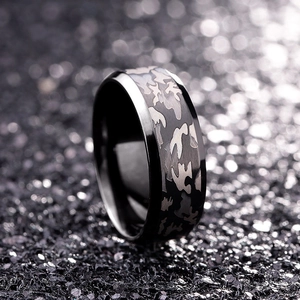 Detailed side view of 8mm black titanium ring featuring camouflage pattern and beveled edges