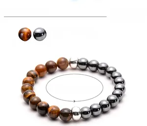 Detail of 8mm tiger eye and hematite stone beads bracelet with dimension specs