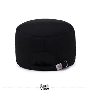 Detail of adjustable metal buckle with SL logo on the back of black winter flat cap