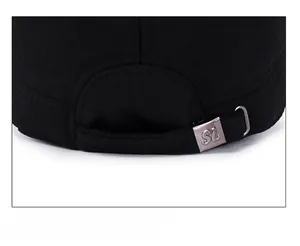 Close-up of adjustable silver metal buckle on black winter cap with SL logo detail