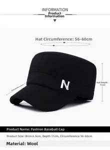 Detailed view of black wool winter hat with ear protection and metal N decoration