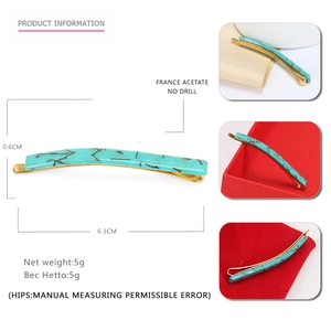 Green marble acetate hair clip with gold metal base, 6.3cm minimalist barrette for women