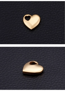 Detailed macro view of gold heart charms on black leather from front and side angles