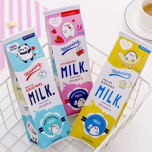 Cartoon Milk Box Pencil Case PU Leather Stationery Bag For Students Cute Portable Storage Organizer Strawberry Banana
