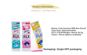 Detailed view of three cartoon milk box pencil cases with dimensions 20x5.5x5cm