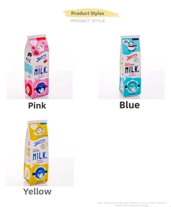 Detailed view of creative milk carton pencil cases in pink, blue, and yellow colors