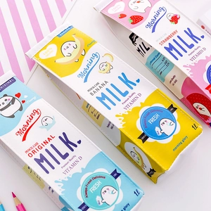 Cute milk carton shaped pencil cases in blue, yellow, and pink with cartoon patterns