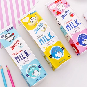 Three colorful milk carton pencil cases in blue, pink, and yellow with high capacity PU leather