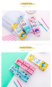 Close-up of cute milk carton pencil case dimensions: 20cm x 5.5cm x 5cm shown with zipper