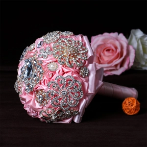 Handmade pink satin ribbon wedding bouquet with crystal rhinestones and pearls