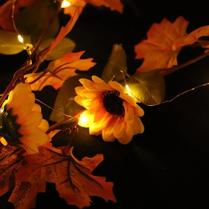 Artificial sunflower maple leaf garland with LED lights for warm autumn home decoration