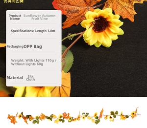 Detail of 1.8m autumn sunflower and maple leaf vine with realistic silk fabric texture