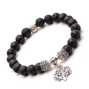 Bohemian lava stone yoga bracelet with tree of life charm and vintage silver accents