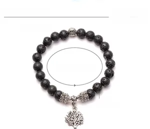 Lava stone bead bracelet with silver tree of life charm, 8mm beads, weight 19.41g