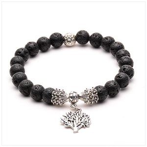 Close-up of black lava stone beads with silver tree of life and sunflower charms