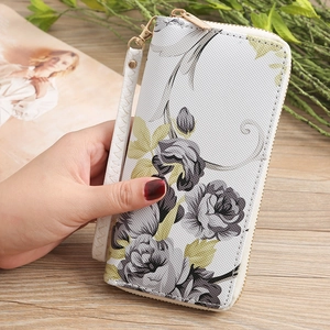 Slim rectangular rose print women's long wallet with single zipper and wrist strap
