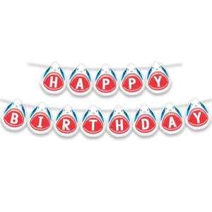 Blue and red shark-shaped Happy Birthday banner with letter cards on white background