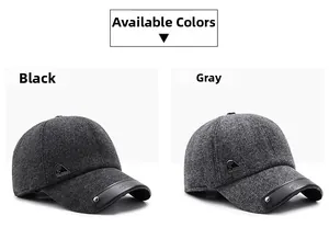 Detail of wool blend baseball cap with metal logo plate and leather trim edge in grey and black