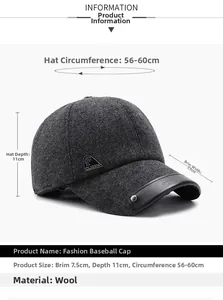 Detailed size specifications for dark grey wool baseball cap with adjustable strap