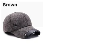 Detail of brown herringbone wool baseball cap featuring premium black leather brim accents