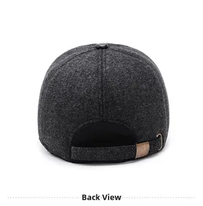 Back view of dark grey wool baseball cap showing adjustable metal buckle and thick texture